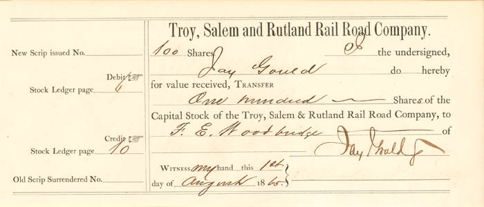 Troy, Salem and Rutland Rail Road Co. signed by Jay Gould - 1865 dated Transfer Receipt